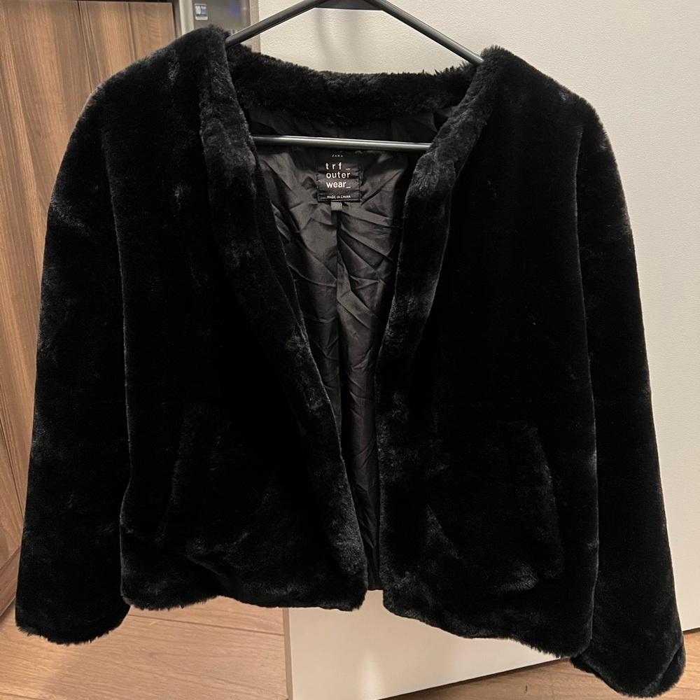 zara faux fur black coat xs